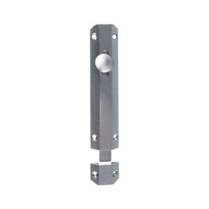 Carlisle Brass Surface Bolt in a brushed stainless steel finish, featuring a round knob and elongated body with mounting holes for secure installation.