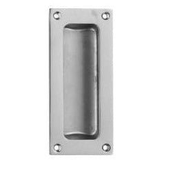Carlisle Brass Flush Pull in a brushed stainless steel finish, featuring a rectangular shape with rounded edges and four visible mounting holes for installation.