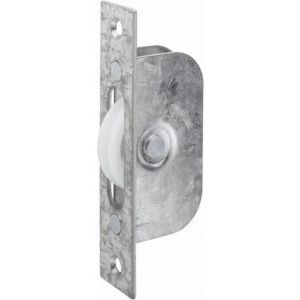 Carlisle Brass Sash Window Axle Pulley Galvanised Forend featuring a metallic finish with a white pulley and a rectangular mounting plate, designed for sash window applications.