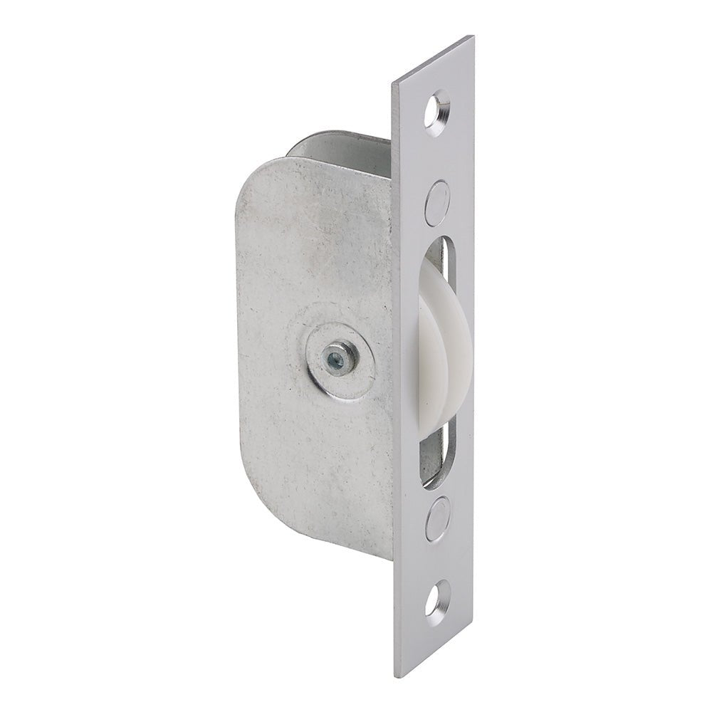 Carlisle Brass Sash Window Axle Pulley made of metal with a white plastic wheel, featuring a silver finish and mounting holes on the side for installation.