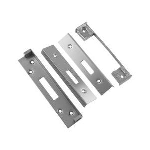 Carlisle Brass BS Rebate Set (Deadlock) Cylinder shown in a silver finish, consisting of multiple metal components with various slot shapes for installation.