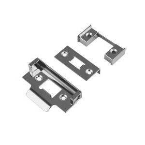 Carlisle Brass Rebate Set in chrome finish, including multiple metal components designed for door fitting, featuring square edges and mounting holes.