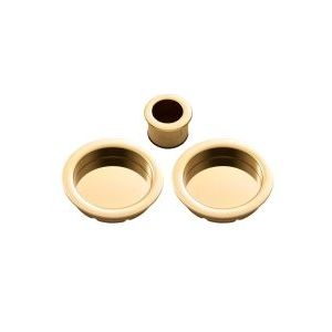 Carlisle Brass Sliding Door Rose with Flush Pull in a polished brass finish, featuring two circular backplates and a central flush pull piece. Designed for sliding door installations.