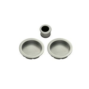 Carlisle Brass Sliding Door Rose with Flush Pull in brushed stainless steel finish, featuring two circular flush pulls and one central pull with a textured design.
