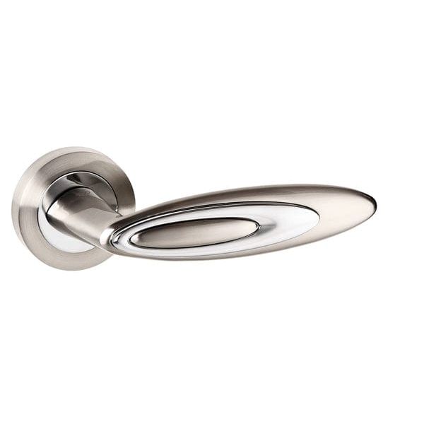 Atlantic Handles Satin Nickel/Polished Chrome Senza Pari Elisse Designer Lever on Round Rose