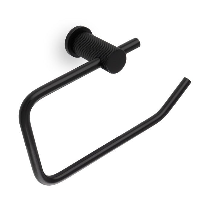 Alexander & Wilks Brunel Reeded Toilet Roll Holder in black, featuring a round wall mount and a sleek, reeded handle for easy paper replacement.