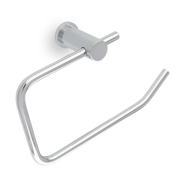 Alexander & Wilks Brunel Reeded Toilet Roll Holder in polished chrome, featuring a distinctive reeded design and a cylindrical wall-mounted base for securing toilet paper rolls.
