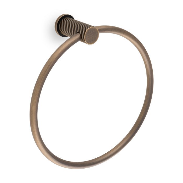 Alexander & Wilks Brunel Reeded Towel Ring in a brushed bronze finish, featuring a round ring supported by a ribbed wall mount.
