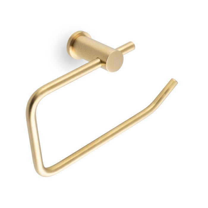 Alexander & Wilks Brunel Plain Toilet Roll Holder in gold finish, featuring a sleek, modern design with a rounded post and a flat bar for holding toilet paper rolls.