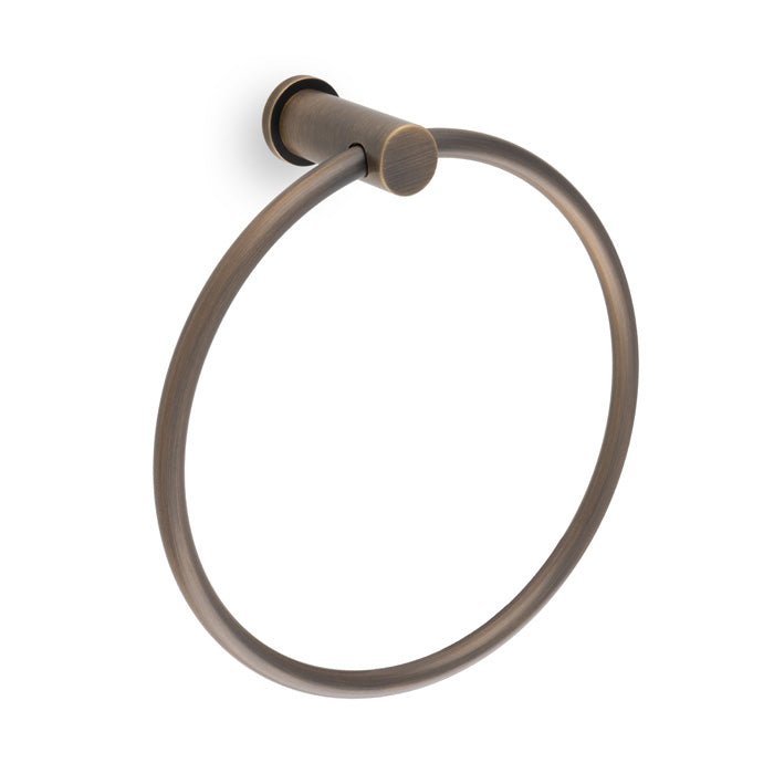 Alexander & Wilks Brunel Plain Towel Ring in a brushed bronze finish, featuring a circular design with a smooth, rounded surface and mounted on a simple wall bracket.