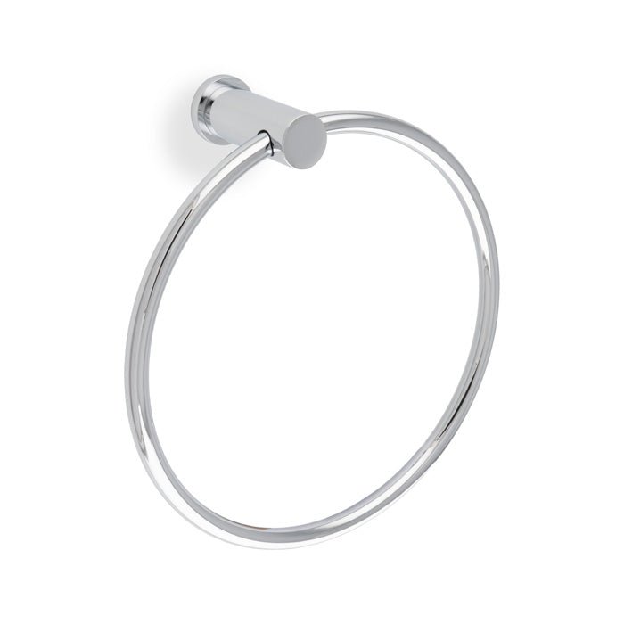 Alexander & Wilks Brunel Plain Towel Ring in polished chrome finish, featuring a circular design with a simple, flat mounting bracket. The sleek and minimalist style complements modern bathroom decor.