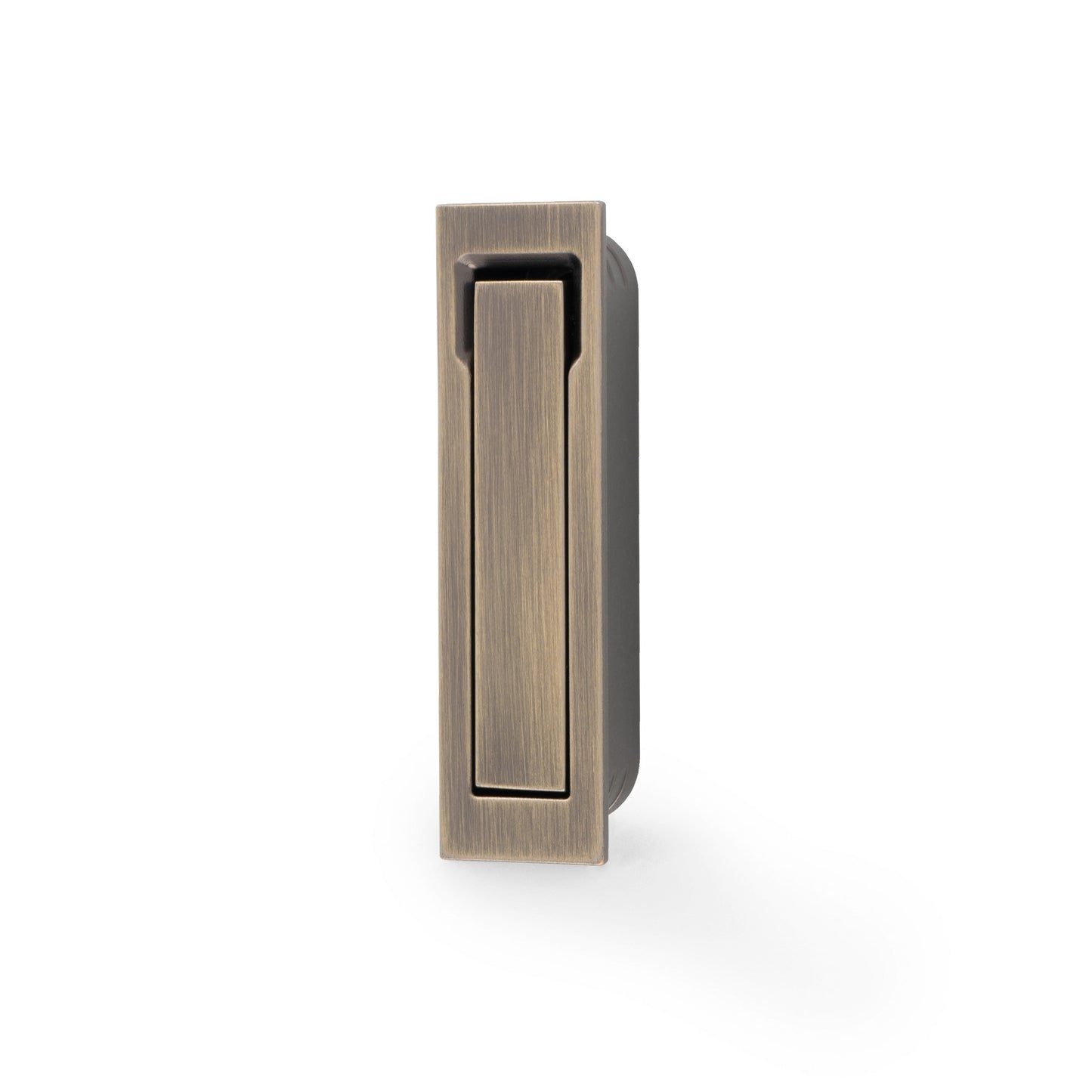 Alexander & Wilks Square Sliding Door Edge Pull in a brushed antique bronze finish, featuring a rectangular design with a recessed handle for easy door operation.
