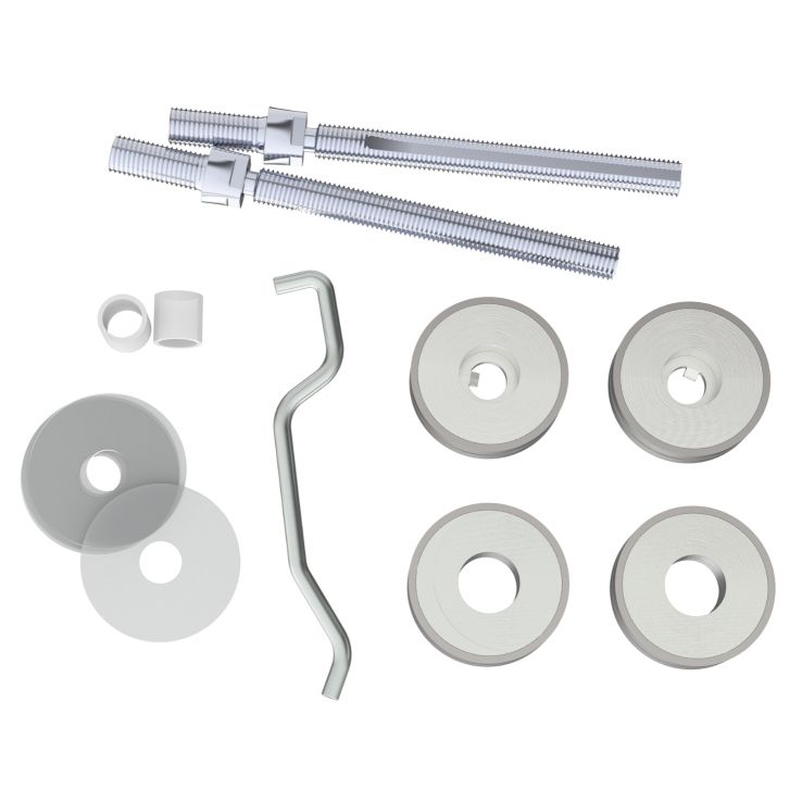 Carlisle Brass Back-to-Back Fixing Pack – 19mm for Cabinet Handles, includes two chrome rods, metal washers, a plastic spacer, and a hex key, all designed for secure handle installation.