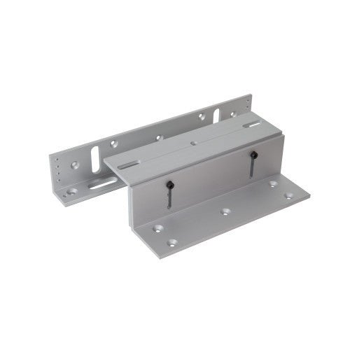 Zoo Hardware Adjustable Z & L Bracket for use with the ML600 range of Maglocks, made of silver-colored metal with multiple mounting holes visible for secure installation.