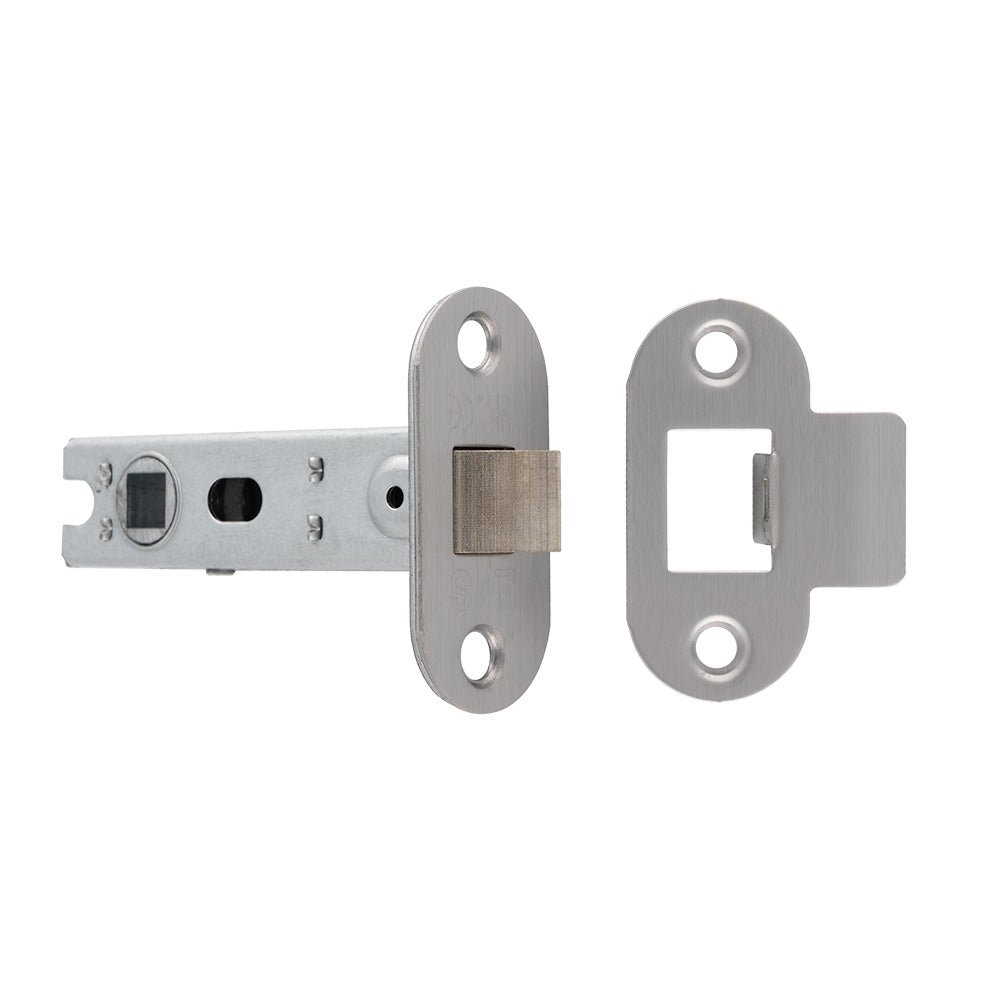 Carlisle Brass BTL Tubular Mortice Latch in a metallic finish, featuring a rectangular bolt and secure strike plate, designed for durable and reliable door security.