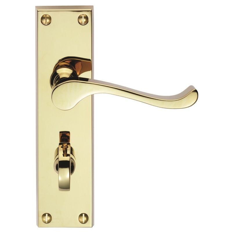 Carlisle Brass Victorian Scroll Lever on Backplate in polished brass finish, featuring a curved lever handle and a plate with visible screws for secure mounting.