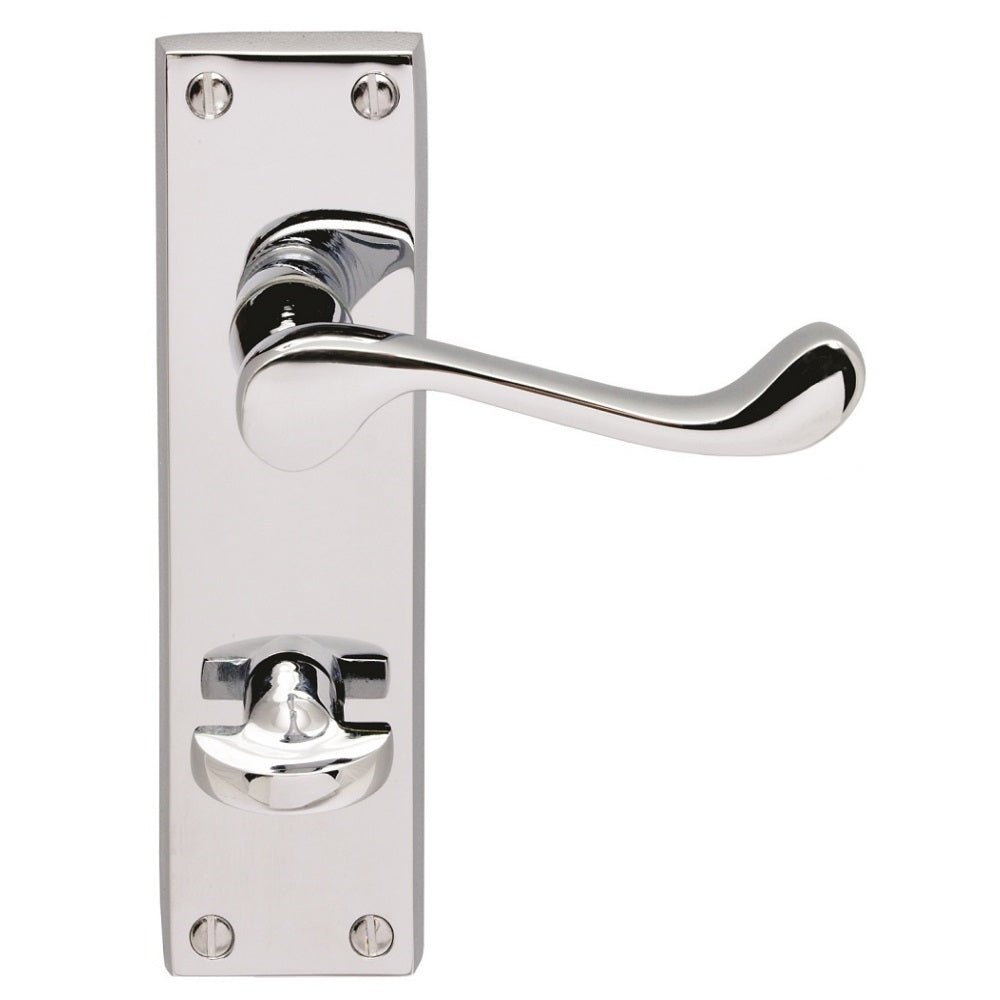 Carlisle Brass Contract Victorian Scroll Lever on Backplate in polished chrome, featuring a curved lever handle and a rectangular backplate with visible screws and a central locking mechanism.