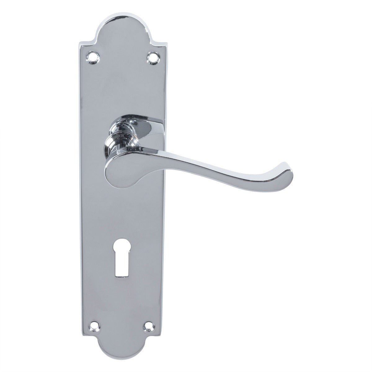 Carlisle Brass Victorian Scroll Lever on Shaped Backplate - Contract Range, featuring a chrome finish and a sleek lever design mounted on a rectangular backplate, designed for door hardware applications.