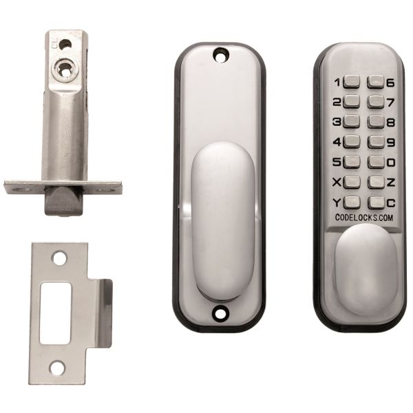 Carlisle Brass Mechanical Digital Door Lock in chrome finish, featuring a keypad on one side, a lever handle, and accompanying hardware including a strike plate and latch.
