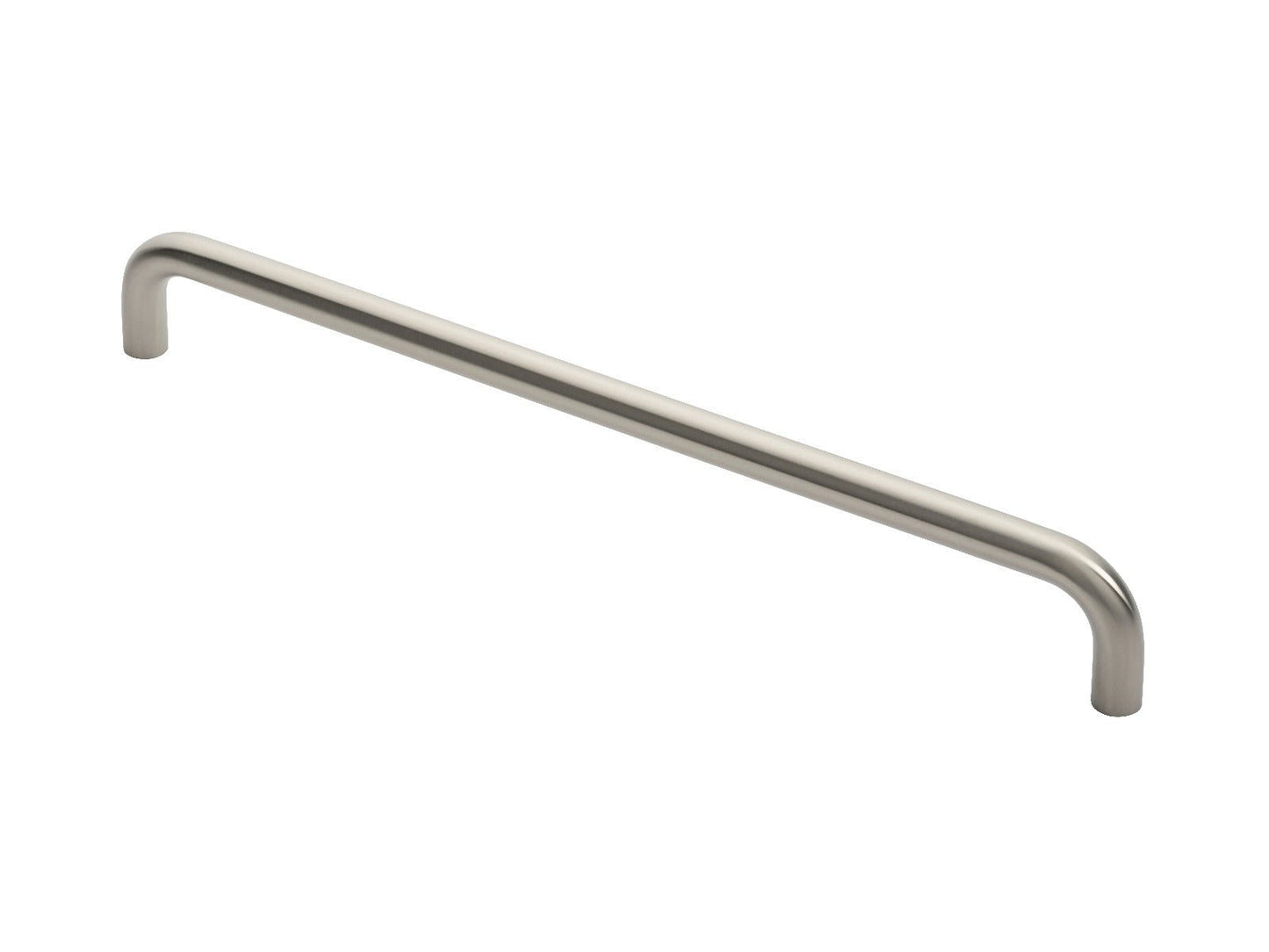 Carlisle Brass 19mm D Pull Handle in stainless steel, featuring a sleek, curved design without visible fasteners. The handle's simple style complements various cabinetry.