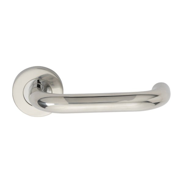 Carlisle Brass Nera Safety Lever on Sprung Rose in polished stainless steel, featuring a smooth, elongated handle design for easy grip, mounted on a round rose plate.