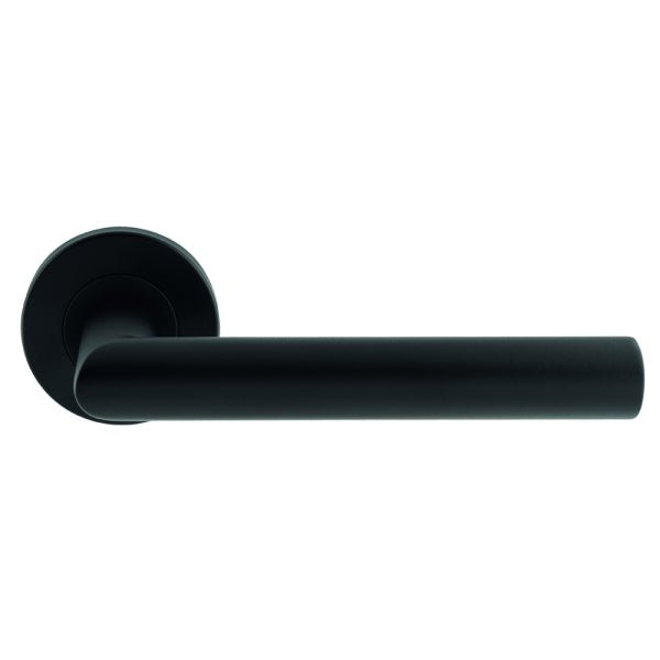 Carlisle Brass Treviri Mitred Round Bar Lever on Sprung Rose in a matte black finish, featuring a sleek cylindrical handle and a round rose base for secure installation.