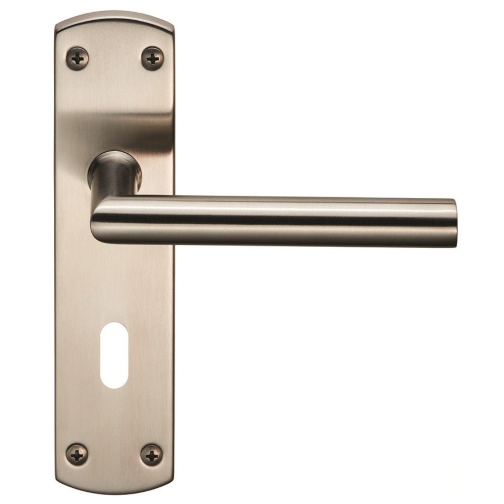 Carlisle Brass Residential Mitred Lever on Backplate in brushed nickel finish, featuring a sleek lever handle and a rectangular backplate with visible fixing screws.