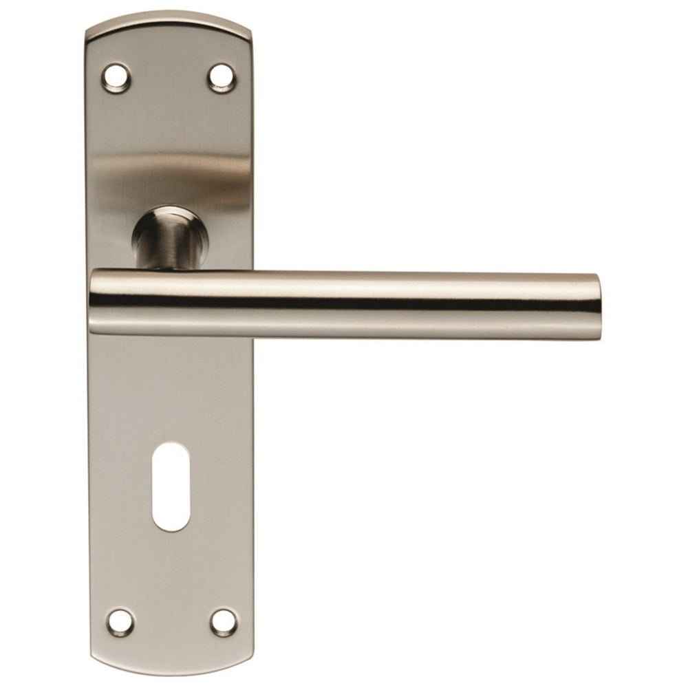 Carlisle Brass Residential T Bar Lever on Backplate in brushed stainless steel, featuring a cylindrical lever attached to a rectangular backplate with pre-drilled holes for mounting.
