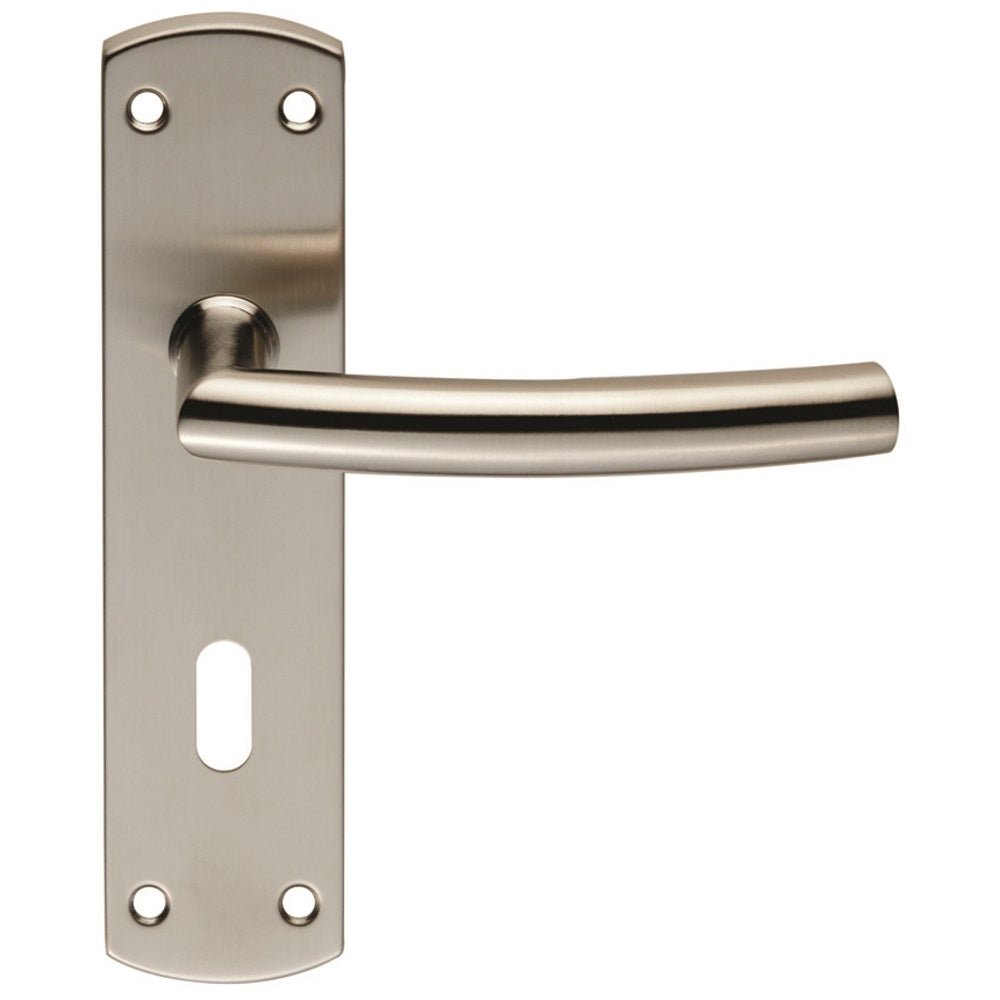 Carlisle Brass Residential Arched Lever on Backplate in brushed nickel finish, featuring a curved lever handle mounted on a rectangular backplate with visible screw holes.