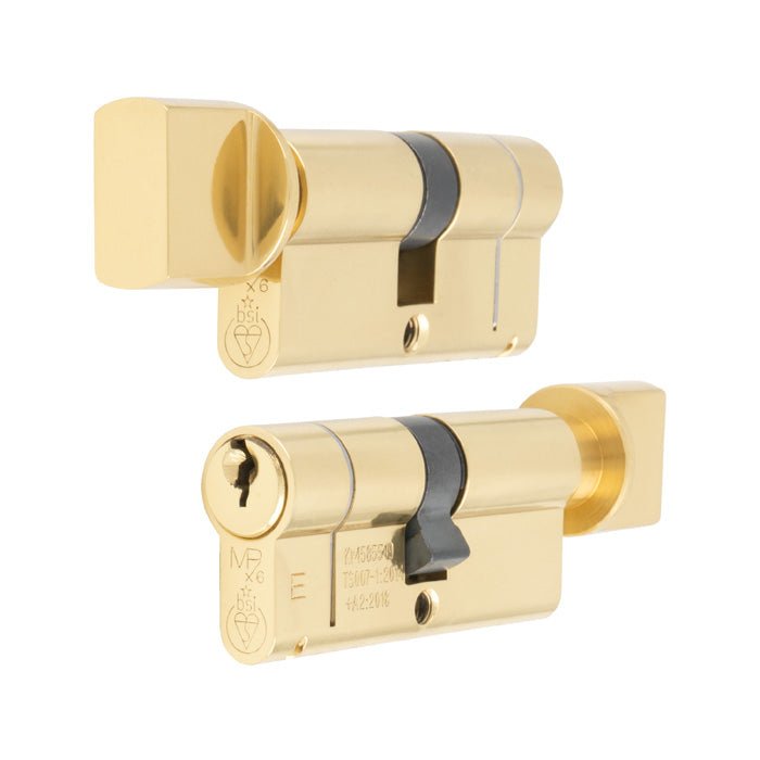 Carlisle Brass MPX6 Euro Profile Cylinder with Turn in gold finish, featuring a rectangular turn mechanism on one side and a keyhole on the opposite end, both with a sleek design.