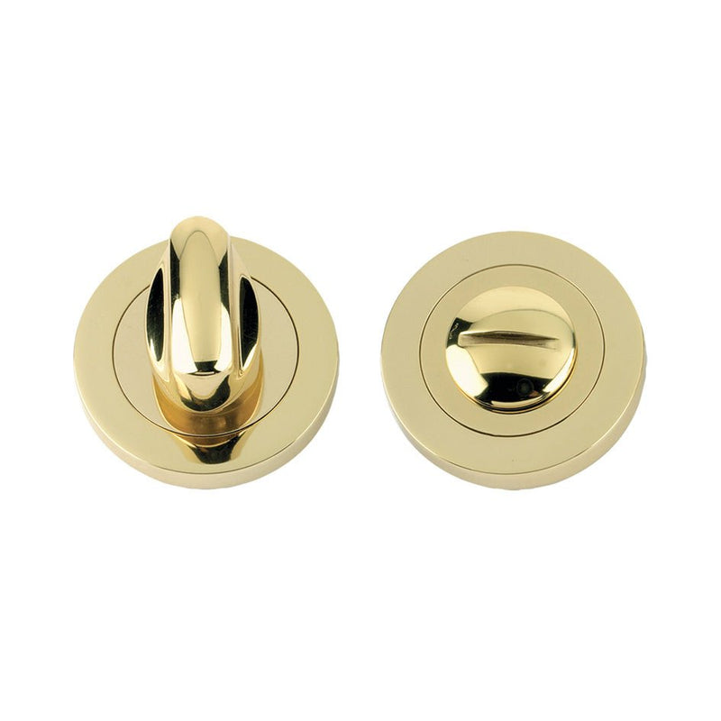 Zoo Hardware 5mm Turn & Release in gold finish with a 50mm diameter design, featuring a curved lever and a circular disc for simple locking and unlocking.