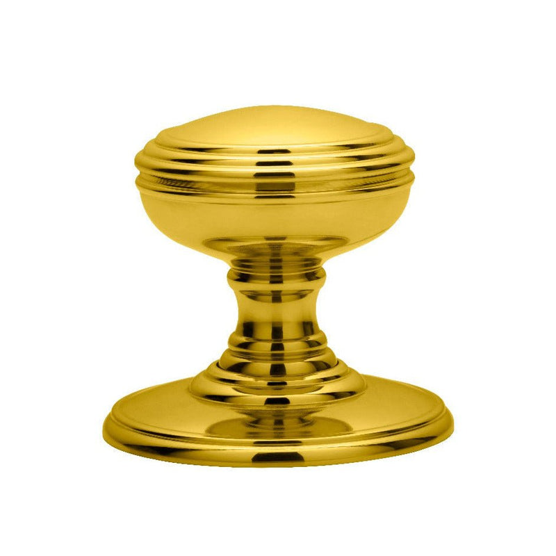 Carlisle Brass Delamain Plain Knob in polished gold finish, featuring a round shape with a slightly flared base and decorative grooves on the top, designed for cabinet or drawer use.