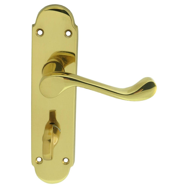 Carlisle Brass Oakley Lever on Backplate in polished gold finish, featuring a decorative plate with a smoothly curved lever handle and thumb turn lock mechanism.