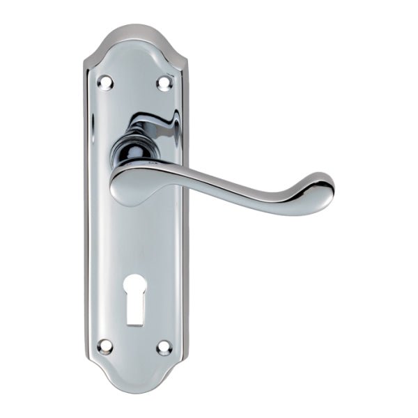 Carlisle Brass Ashtead Lever on Backplate in polished chrome, featuring a sleek lever handle and a backplate design with a keyhole and multiple mounting holes.
