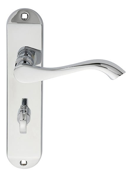Carlisle Brass Andros Lever on Backplate in chrome finish, featuring a sleek lever design and a rectangular backplate with a locking mechanism.