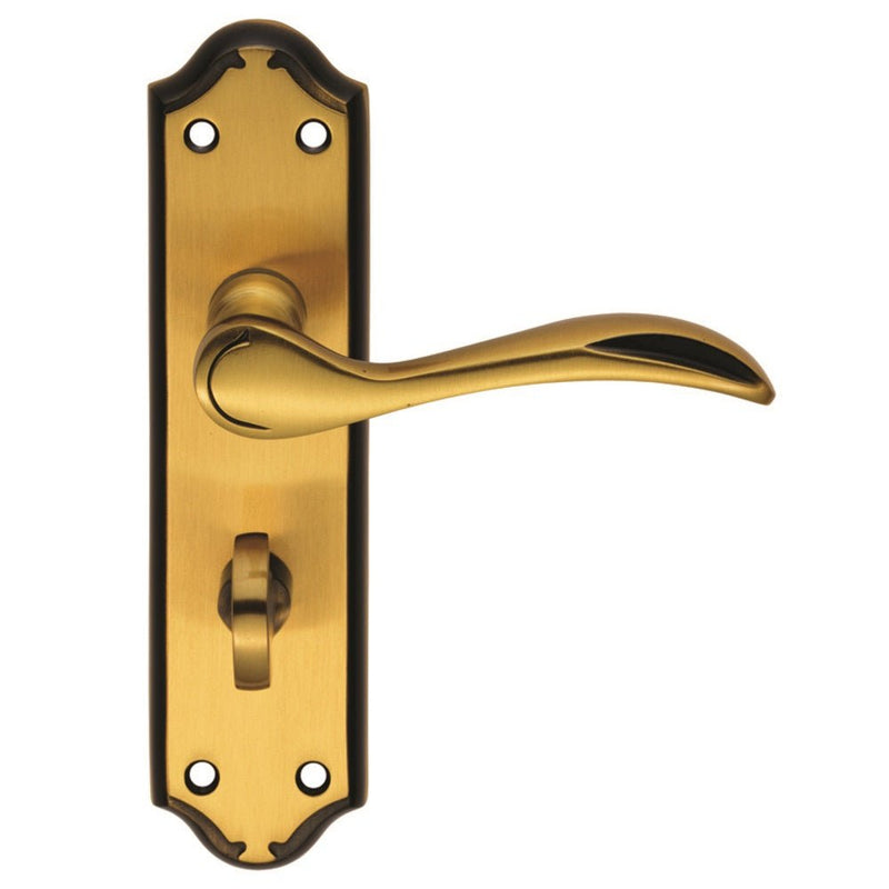 Carlisle Brass Madrid Lever on Backplate in a polished brass finish, featuring a sweeping lever design and a traditional backplate with rounded edges and decorative detailing.