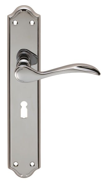 Carlisle Brass Madrid Lever on Backplate in chrome finish, featuring a curved lever handle on a rectangular backplate with decorative edges and a keyhole cutout.