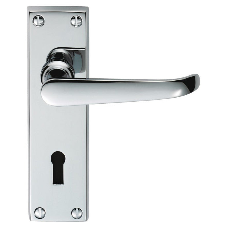 Carlisle Brass Victorian Ascot Lever on Backplate in chrome finish, featuring a sleek lever handle, rectangular backplate with visible mounting screws, and a circular keyhole cutout.
