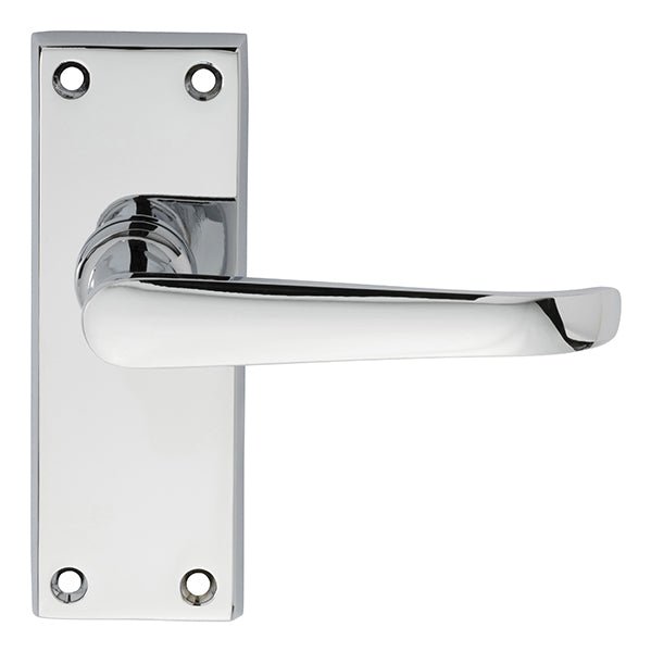 Carlisle Brass Victorian Ascot Lever on Backplate in polished chrome, featuring a sleek lever design attached to a rectangular backplate with rounded edges and visible screw holes.