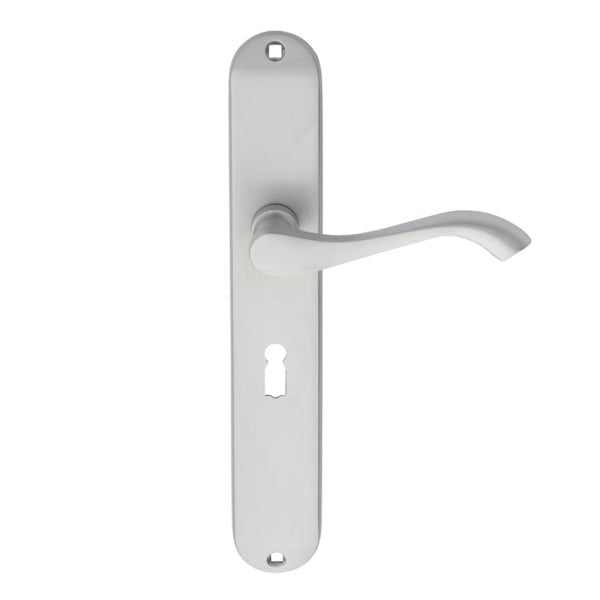Carlisle Brass Andros Lever on Backplate in a sleek silver finish, featuring a curved lever handle and a rectangular backplate with a keyhole cutout.