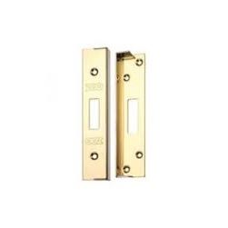 Zoo Hardware Rebate Kit for BS 5 Lever Sash Locks in bright brass finish, designed for 67mm and 80mm sash lock applications. The kit includes two rebate plates with rectangular cutouts for bolt alignment.