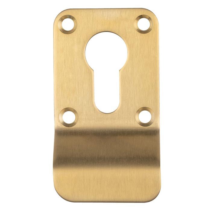 Carlisle Brass Cylinder Pulls in a brushed brass finish, featuring a keyhole shape at the center and two mounting holes at the top for secure installation, with a curved lower section for ergonomic grip.