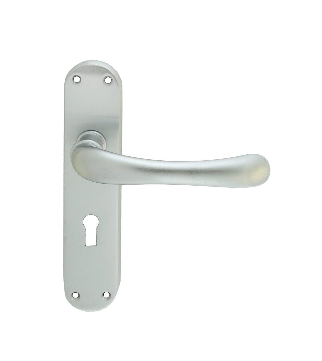 Carlisle Brass Ibra Lever on Backplate Range in a silver finish, featuring a sleek curved handle design mounted on a rectangular backplate with a keyhole.