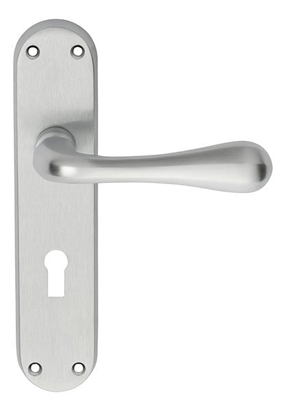 Carlisle Brass Astro Lever on Backplate in satin stainless steel, featuring a curved lever handle and a rectangular backplate with a keyhole.