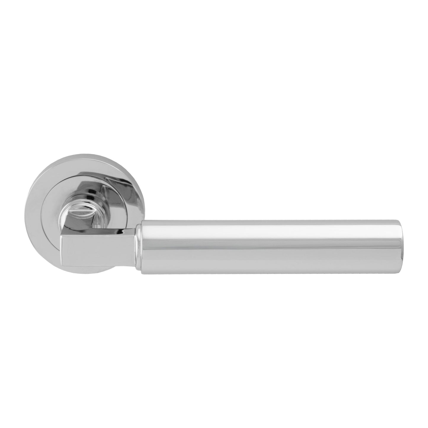 Carlisle Brass Amiata Lever On Round Rose in polished chrome finish, featuring a sleek cylindrical lever design attached to a round rose.