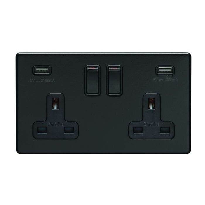 Eurolite Plug Sockets Matt Black Concealed 3mm 2 Gang Usb Socket - Matt Black