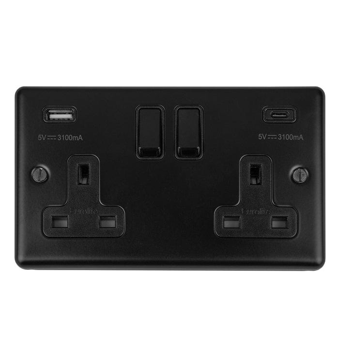 Eurolite Plug Sockets Matt Black Enhance Decorative 2 Gang 13Amp Switched Socket With Usb C Matt Black - Matt Black