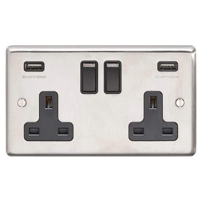 Eurolite Plug Sockets Satin Stainless Steel Stainless steel 2 Gang Usb Socket - Satin Stainless Steel