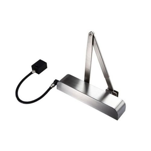 Carlisle Brass Electromagnetic Door Closer in stainless steel finish, featuring a sleek design with a curved body and flexible wiring for installation.