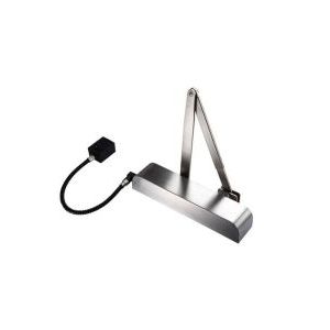 Carlisle Brass Electromagnetic Door Closer with a stainless steel finish, featuring a compact design and an adjustable arm for effective door operation.